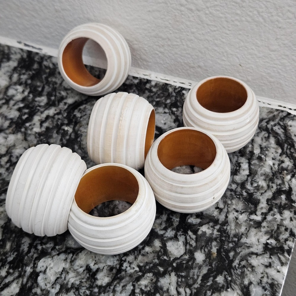 Vintage whitewashed Ribbed Napkin Rings with mustard melamine center- set of 6
